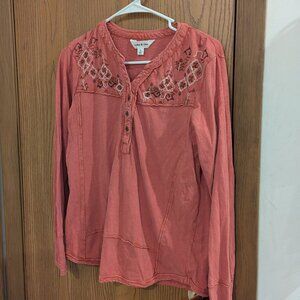 Lucky & Coco Embroidered Beaded Split Neck Long Sleeve Cotton Coral Top-Small